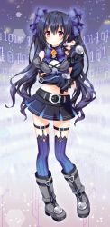 Rule 34 | 10s, 1girl, bare shoulders, binary, black hair, blush, hair ornament, long hair, looking at viewer, narinn, navel, neptune (series), noire (neptunia), red eyes, ribbon, smile, solo, thighhighs, twintails