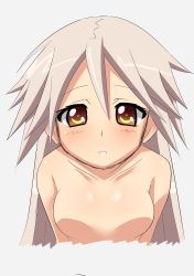 Rule 34 | 00s, 1girl, absurdres, aged down, aldra (queen&#039;s blade), blush, brown eyes, grey hair, highres, incomplete, long hair, maokyu, no nipples, nude, queen&#039;s blade, solo, white hair, yellow eyes