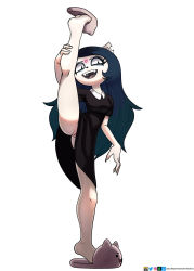 Rule 34 | 1girl, :d, animal slippers, artist name, black dress, black eyes, black hair, blue eyeshadow, blue hair, breasts, claire (the summoning), cleft of venus, collared dress, deviantart logo, dress, eyeshadow, facial mark, fangs, full body, goth fashion, highres, leg up, logo, long hair, looking at viewer, makeup, multicolored hair, open mouth, pale skin, pentagram, perky breasts, pink footwear, pixiv logo, pointy ears, pussy, short eyebrows, short sleeves, simple background, slippers, smile, smug, soles, solo, split, standing, standing on one leg, standing split, teeth, the summoning, twitter logo, upper teeth only, upskirt, very long hair, wheatly101, white background