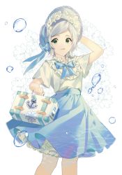 Rule 34 | 1girl, air bubble, anchor print, bad id, bad pixiv id, blue bow, blue hairband, blue nails, blue ribbon, blue skirt, bow, brown eyes, bubble, commentary, dress, floral background, frills, grey hair, hair bow, hairband, highres, holding, holding suitcase, long skirt, looking at viewer, nail polish, original, parted lips, ribbon, short sleeves, simple background, skirt, smile, solo, suitcase, symbol-only commentary, white background, white dress, yuhi (hssh 6)
