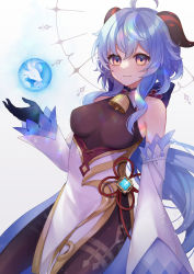 Rule 34 | 1girl, ahoge, bell, black bodysuit, black gloves, blue hair, bodysuit, commentary request, detached collar, detached sleeves, floating, floating object, ganyu (genshin impact), genshin impact, gloves, grey eyes, hair between eyes, highres, horns, long hair, looking at viewer, low ponytail, neck bell, orb, ougi (u to4410), qilin (mythology), sidelocks, simple background, smile, solo, vision (genshin impact), white background