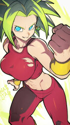 Rule 34 | 1girl, abs, artist name, blue eyes, breasts, clenched hand, collarbone, crop top, dragon ball, dragon ball super, earrings, green hair, hata4564, highres, jewelry, kefla (dragon ball), large breasts, looking at viewer, midriff, navel, pants, potara earrings, red pants, saiyan, short hair, smile, solo, standing, super saiyan, torn clothes