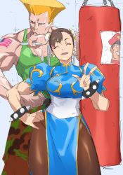 Rule 34 | 1boy, 1girl, american flag, blonde hair, blue eyes, bracelet, brown hair, camouflage, camouflage pants, capcom, china dress, chinese clothes, chun-li, closed eyes, closed mouth, double bun, dress, green tank top, guile, hair bun, hat, highres, jewelry, looking to the side, m. bison, muscular, muscular female, muscular male, open mouth, pants, pantyhose, pretty-purin720, punching bag, red headwear, smile, spiked bracelet, spikes, street fighter, tank top, tattoo, v