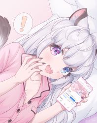 Rule 34 | !, absurdres, animal ears, bed, blue eyes, cat ears, dialogue box, facebook, hair between eyes, hands on own face, heterochromia, highres, holding, holding phone, lizzharth, long hair, looking at viewer, lying, original, phone, pink background, pink eyes, simple background, smile, tail, white hair