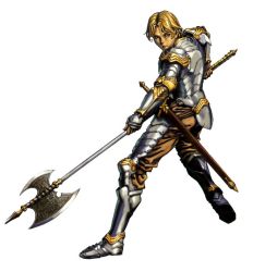 Rule 34 | 1boy, armor, axe, blonde hair, blue eyes, fingerless gloves, full armor, full body, gauntlets, gloves, halberd, holding, holding weapon, lance, lawfer, male focus, official art, polearm, sheath, sheathed, short hair, shoulder pads, solo, standing, sword, valkyrie profile (series), weapon, white background, yoshinari kou, yoshinari you