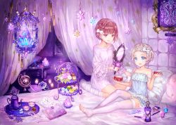 Rule 34 | 10s, 2girls, alternate costume, bad id, bad pixiv id, bare shoulders, bed sheet, blanket, blue eyes, book, bottle, bow, brown eyes, brown hair, camisole, candle, candlelight, crystal, cup, dress, frills, glint, hair bow, hand mirror, highres, holding, hourglass, indoors, jewelry, kantai collection, long sleeves, md5 mismatch, mirror, multiple girls, necklace, off shoulder, on bed, perfume (cosmetics), perfume bottle, pillow, resolution mismatch, shigaraki (strobe blue), short hair, silver hair, sitting, skirt, smile, spaghetti strap, sparkle, table, tea set, teacup, teapot, thighhighs, tiered tray, toeless legwear, toes, wax, white legwear, wind chime, z1 leberecht maass (kancolle), z3 max schultz (kancolle)