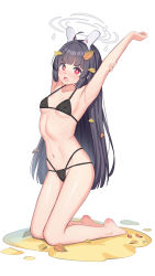 Rule 34 | 1girl, absurdres, angry, animal ears, barefoot, bikini, black bikini, black hair, blue archive, breasts, covered erect nipples, fake animal ears, full body, halo, highres, kneeling, leaf, leaf on head, long hair, looking at viewer, miyu (blue archive), navel, open mouth, rabbit ears, red eyes, small breasts, stretching, swimsuit, very long hair, xiaoxi0619