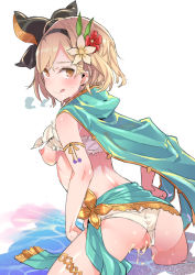 Rule 34 | 10s, 1girl, :q, aftersex, ass, bad id, bad pixiv id, bent over, blonde hair, blush, breasts, cape, clothing aside, cosplay, cum, cum in pussy, djeeta (granblue fantasy), drooling, female pubic hair, flower, granblue fantasy, hair flower, hair ornament, licking lips, looking at viewer, looking back, medium breasts, nipples, panties, panties aside, pubic hair, pussy, saliva, sara (granblue fantasy), sara (granblue fantasy) (cosplay), short hair, simple background, sketch, smile, solo, standing, swimsuit, swimsuit aside, tajima ryuushi, thigh strap, tongue, tongue out, uncensored, underwear, white panties, yellow eyes