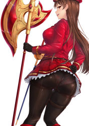Rule 34 | ass, axe, back, battle axe, beret, black gloves, boots, brown eyes, brown hair, brown pantyhose, clothes lift, floral print, from behind, gem, glaive (polearm), gloves, hat, highres, holding, holding polearm, holding weapon, jacket, lifted by self, long hair, long sleeves, looking back, military, military uniform, original, panties, panties under pantyhose, pantyhose, pantylines, polearm, rapier, red gemstone, red hat, red jacket, red skirt, sidelocks, simple background, skirt, sleeve cuffs, solo, sword, thigh strap, toriatto gununu, tsurime, underwear, uniform, very long hair, weapon, white background