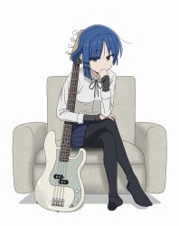 Rule 34 | 1girl, bass guitar, black pantyhose, blue hair, blue skirt, bocchi the rock!, couch, crossed legs, electric guitar, full body, guitar, hair ornament, hairclip, hand on own knee, highres, hoite (11922960 ze), holding, holding bass guitar, holding guitar, holding instrument, instrument, pantyhose, shirt, short hair, simple background, sitting, skirt, solo, white background, white shirt, yamada ryo, yellow eyes