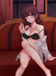 Rule 34 | 1girl, absurdres, ahoge, bare shoulders, barefoot, black bra, blue eyes, blush, bra, breasts, brown hair, cleavage, collarbone, commentary request, couch, highres, ichinose shiki, idolmaster, idolmaster cinderella girls, large breasts, long hair, looking at viewer, off-shoulder shirt, off shoulder, on couch, open clothes, open shirt, shirt, sitting, solo, underwear, vegabond (tumz4458), wavy hair