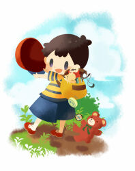 Rule 34 | 1boy, baseball cap, black hair, blue shorts, bush, exit mouse (mother), franklin badge, from side, hat, hitofutarai, holding, holding clothes, holding hat, looking back, male focus, mother (game), mother 2, ness (mother 2), nintendo, open mouth, path, road, shirt, short hair, shorts, slingshot (weapon), solid oval eyes, solo, striped clothes, striped shirt, stuffed animal, stuffed toy, teddy bear, yo-yo