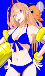 Rule 34 | 1girl, 1other, bikini, blonde hair, blue background, blue bikini, chainsaw, chainsaw man, cross-shaped pupils, fangs, hands on own hips, highres, holding, holding swim ring, horns, inflatable armbands, innertube, long hair, looking at viewer, midriff, pochita (chainsaw man), power (chainsaw man), red eyes, red horns, sailen0, side ponytail, simple background, solo focus, swim ring, swimsuit, symbol-shaped pupils, tongue, tongue out