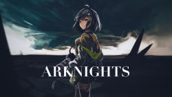 Rule 34 | 1girl, absurdres, alternate hair color, arknights, bad id, bad pixiv id, black hair, black jacket, brown eyes, brown shirt, commentary request, copyright name, hair ornament, highres, jacket, long sleeves, looking at viewer, mackia, off shoulder, scene (arknights), shirt, short hair, solo