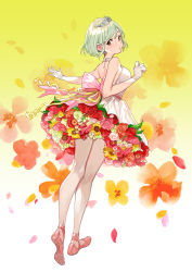 Rule 34 | 1girl, backless dress, backless outfit, ballet slippers, bare shoulders, brown eyes, dress, earrings, flower, full body, gloves, gradient background, green hair, hand up, highres, jewelry, looking at viewer, looking back, original, pantyhose, pink footwear, short hair, solo, standing, standing on one leg, tiara, white background, white dress, white gloves, white pantyhose, yellow background, yuu (higashi no penguin)