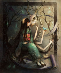 Rule 34 | 1girl, bird, black hair, carpet, clona, contrast, extra arms, flower ornament, framed, gradient background, hands on lap, highres, horns, japanese clothes, kimono, long hair, original, picture frame, shoes, sitting, skeleton, skull, tree, very long hair