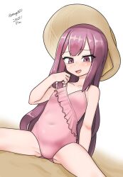 Rule 34 | 1girl, absurdres, brown hat, casual one-piece swimsuit, collarbone, covered navel, dated, frilled one-piece swimsuit, frills, hair ribbon, hat, highres, kamikaze (kancolle), kantai collection, long hair, looking at viewer, maru (marg0613), one-piece swimsuit, pink one-piece swimsuit, purple eyes, purple hair, ribbon, simple background, solo, spread legs, straw hat, sun hat, swimsuit, twitter username, white background, yellow ribbon