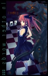 Rule 34 | 1girl, card, dress, elbow gloves, floating card, gloves, highres, looking back, mirrored text, nfb-zmc, original, profile, red eyes, red hair, socks, solo, steam cleaner