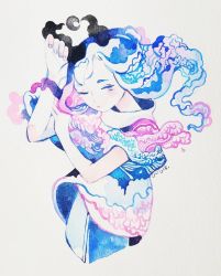 Rule 34 | 1girl, arm up, cloud, crescent moon, cropped torso, expressionless, highres, limited palette, liquid hair, long hair, maruti bitamin, moon, one eye closed, original, painting (medium), pink eyes, shirt, short sleeves, simple background, solo, surreal, traditional media, watercolor (medium), waves, white background