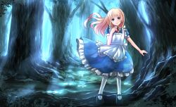 Rule 34 | 1girl, alice (alice in wonderland), alice in wonderland, apron, blonde hair, blue eyes, dappled sunlight, forest, highres, long hair, looking at viewer, maid apron, nature, original, puffy sleeves, risutaru, smile, solo, sunlight