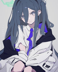 Rule 34 | 1girl, absurdres, aris (blue archive), bad id, bad pixiv id, black hair, black hairband, blue archive, blue eyes, bright pupils, character name, charlotte kelly, collared shirt, eyes visible through hair, grey background, hair between eyes, hairband, halo, highres, jacket, long hair, long hair between eyes, looking at viewer, multicolored clothes, multicolored jacket, necktie, one side up, pleated skirt, school uniform, shirt, simple background, sketch, skirt, smile, solo, tie clip, very long hair, white pupils