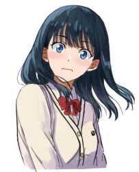 Rule 34 | 1girl, black hair, blue eyes, blush, bow, closed mouth, commentary request, gridman universe, long hair, long sleeves, looking at viewer, red bow, school uniform, shirt, simple background, solo, ssss.gridman, st14 kr010, takarada rikka, upper body