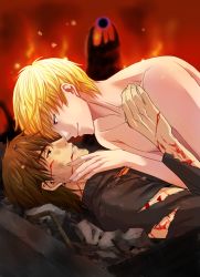 Rule 34 | 2boys, blonde hair, blood, brown eyes, brown hair, command spell, cross, cup, fate/zero, fate (series), gilgamesh (fate), chalice, iko (keitan), injury, kotomine kirei, male focus, multiple boys, nude, red eyes, spoilers, topless male, torn clothes, yaoi