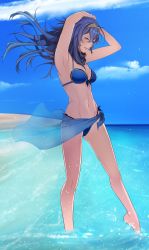 Rule 34 | 1girl, absurdres, alternate costume, arm over head, armpits, arms up, beach, bikini, blue bikini, blue eyes, blue hair, blue sky, blush, breasts, cleavage, commentary, day, fire emblem, fire emblem awakening, fire emblem heroes, full body, hair lift, highres, long hair, lucina (fire emblem), medium breasts, navel, nintendo, ocean, outdoors, partially submerged, sand, sarong, sky, smile, solo, standing, stomach, swimsuit, tiara, toned, tusia, wading, water