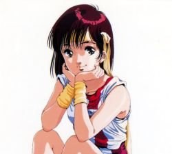 Rule 34 | 1girl, hands on own face, headband, long hair, mikimoto haruhiko, non-web source, official art, red eyes, red hair, simple background, sleeveless, smile, solo, takaya noriko, top wo nerae!, white background
