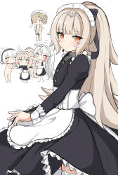 Rule 34 | +++, 4girls, absurdres, alternate costume, apron, azur lane, black dress, black hairband, blush, breasts, brown eyes, brown hair, chibi, chibi inset, cleavage, closed mouth, dress, enmaided, flying sweatdrops, frilled apron, frilled dress, frills, garter straps, hair between eyes, hair over one eye, hairband, hands on own hips, headpiece, highres, juliet sleeves, large breasts, long hair, long sleeves, looking at viewer, maid, maid headdress, mole, mole under eye, moyoron, multicolored hair, multiple girls, nude, ponytail, prinz eugen (azur lane), puffy sleeves, red hair, sheffield (azur lane), short hair, simple background, sirius (azur lane), smile, streaked hair, thighhighs, very long hair, waist apron, white apron, white background, white hair, white legwear, z46 (azur lane)