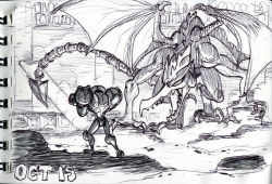 Rule 34 | 1girl, alex ahad, arm cannon, dated, faceoff, metroid, ridley, samus aran, scan, scan artifacts, size difference, sketch, tail, traditional media, varia suit, weapon, wings