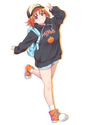 Rule 34 | 1girl, :d, arm up, backpack, bag, bare legs, baseball cap, black hat, black hoodie, blush, character name, clothes writing, commentary request, drawstring, full body, grin, hat, highres, hood, hood down, hoodie, kanabun, leg up, long sleeves, looking at viewer, love live!, love live! sunshine!!, open mouth, orange footwear, orange hair, parted bangs, red eyes, shorts, simple background, smile, socks, solo, spread legs, standing, standing on one leg, takami chika, teeth, v, white background, white shorts, white socks