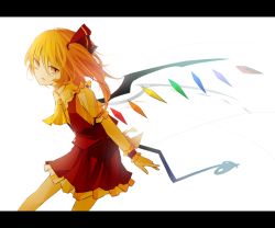 Rule 34 | 1girl, blouse, embodiment of scarlet devil, female focus, flandre scarlet, from side, hair between eyes, kazeharu, letterboxed, no headwear, no nose, shirt, solo, touhou, white shirt, wings