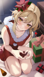 Rule 34 | 1girl, bare arms, blonde hair, blush, box, breasts, commentary, dress, flower, from above, fur-trimmed dress, fur trim, genshin impact, gift, gift box, hair flower, hair ornament, heart, heart hands, highres, indoors, looking at viewer, looking up, lumine (genshin impact), medium breasts, mitarashimame, red dress, santa dress, seiza, short hair with long locks, sidelocks, sitting, sleeveless, sleeveless dress, smile, solo, yellow eyes