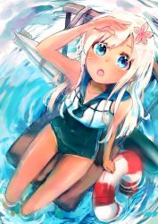 Rule 34 | 10s, 1girl, :o, flower, hair flower, hair ornament, highres, kantai collection, lifebuoy, long hair, miysin, one-piece swimsuit, one-piece tan, ro-500 (kancolle), school swimsuit, school uniform, serafuku, sitting, solo, swim ring, swimsuit, swimsuit under clothes, tan, tanline, torpedo, water