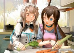 2girls :o absurdres alternate_costume amiya_(arknights) animal_ears apron arknights black_bow black_bowtie blue_eyes bow bowl bowtie brown_hair carrot celery commentary_request cooking cooking_pot cooking_together counter dress food grey_shirt highres holding holding_food indoors infection_monitor_(arknights) jewelry knife long_hair looking_at_another maid_headdress material_growth multiple_girls multiple_rings one_eye_closed open_mouth orange_eyes oripathy_lesion_(arknights) parsnip pink_apron rabbit_ears ring shirt smile stove trait_connection tree upper_body warmy_(arknights) welt_(kinsei_koutenkyoku) white_dress window