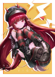 Rule 34 | 1girl, arknights, black collar, black footwear, black hat, black ribbon, black thighhighs, boots, border, collar, demon girl, demon horns, demon tail, fishnet sleeves, fishnets, hair ribbon, hat, hemorina, highres, horns, horns through headwear, knees to chest, lightning bolt symbol, looking at viewer, low twintails, orange background, outside border, platform boots, platform footwear, pointy ears, red eyes, red hair, red thighhighs, ribbon, shoes, simple background, solo, striped clothes, striped thighhighs, studded collar, tail, thighhighs, twintails, vigna (arknights), white border