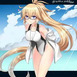 Rule 34 | 1girl, bare shoulders, black-framed eyewear, blonde hair, blue eyes, blue sky, breasts, casual one-piece swimsuit, closed mouth, cloud, cloudy sky, commentary request, competition swimsuit, day, fate/grand order, fate (series), glasses, groin, hair between eyes, hebitsukai-san, highres, horizon, jacket, jeanne d&#039;arc (fate), jeanne d&#039;arc (ruler) (fate), jeanne d&#039;arc (swimsuit archer) (fate), jeanne d&#039;arc (swimsuit archer) (second ascension) (fate), large breasts, long hair, ocean, off shoulder, one-piece swimsuit, outdoors, sky, smile, solo, swimsuit, twitter username, very long hair, water, whistle, white jacket, white one-piece swimsuit