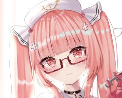 Rule 34 | 1girl, :o, azur lane, bespectacled, blush, close-up, cross hair ornament, glasses, gloves, hair ornament, half gloves, hand up, hat, heart, heart-shaped pupils, holding, holding syringe, iv stand, long hair, looking at viewer, nibosi, nurse, nurse cap, perseus (azur lane), perseus (unfamiliar duties) (azur lane), pink eyes, pink gloves, pink hair, portrait, semi-rimless eyewear, smile, solo, symbol-shaped pupils, syringe, twintails, very long hair, white hat