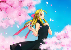 Rule 34 | 1girl, alternate costume, antenna hair, bad id, bad pixiv id, black dress, blonde hair, blue sky, bow, breasts, brown eyes, casual, cherry blossoms, day, dress, frogcage, hair bow, hair slicked back, halterneck, kanzuki karin, large breasts, long hair, petals, pink bow, ringlets, sky, sleeveless, sleeveless dress, solo, street fighter, street fighter v