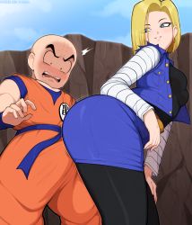Rule 34 | 1boy, 1girl, afrobull, android 18, ass, bald, blonde hair, blue eyes, blush, bob cut, breasts, bulge, buttjob, buttjob over clothes, cloud, day, dragon ball, dragonball z, earrings, erection, erection under clothes, feet out of frame, hand on own thigh, happy sex, height difference, highres, hoop earrings, jacket, jewelry, kuririn, leaning forward, legs, looking back, medium breasts, medium hair, motion lines, naughty face, open mouth, outdoors, pantyhose, parted lips, raglan sleeves, skirt, sky, smile, standing, thighs