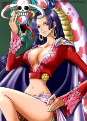 Rule 34 | boa hancock, breasts, cape, cleavage, earrings, highres, jewelry, long hair, midriff, navel, one piece, salome (one piece), skull, snake