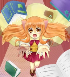 Rule 34 | 1girl, animal ears, artist request, blush, book, boots, bow, cape, dog days, dog ears, hair between eyes, long hair, looking up, open mouth, orange eyes, orange hair, pleated skirt, red bow, red skirt, ricotta elmar, skirt, sweater vest, very long hair