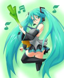 Rule 34 | 1girl, breasts, female focus, green eyes, green hair, guitar, hatsune miku, headphones, headset, instrument, long hair, matching hair/eyes, microphone, musical note, necktie, solo, spring onion, surume (clavis), themed object, thighhighs, twintails, vocaloid