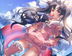 Rule 34 | 1girl, bird, black hair, blue sky, bridal garter, blowing bubbles, chromatic aberration, cloud, crown, day, dutch angle, earrings, fate/grand order, fate (series), floating hair, fur collar, hair ribbon, hands in pockets, highres, hoop earrings, innertube, ishtar (fate), ishtar (swimsuit rider) (fate), jacket, jewelry, kinty, long hair, long sleeves, looking at viewer, one-piece swimsuit, outdoors, pink jacket, pink thighhighs, red eyes, ribbon, seagull, single thighhigh, sky, solo, swim ring, swimsuit, swimsuit under clothes, thighhighs, tohsaka rin, twintails, unzipped, wading, water, wavy hair, white one-piece swimsuit