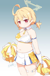 Rule 34 | 1girl, ?, ahoge, armlet, blonde hair, blue archive, blue background, blue skirt, blush, braid, breasts, character name, cheerleader, cleavage, collarbone, commentary request, cowboy shot, cropped legs, gloves, gradient background, hair between eyes, halo, head tilt, highres, holding, kotori (blue archive), kotori (cheer squad) (blue archive), langbazi, long hair, looking at viewer, medium breasts, millennium cheerleader outfit (blue archive), muffin top, navel, parted lips, pleated skirt, plump, pom pom (cheerleading), red eyes, revision, short twintails, signature, simple background, skirt, solo, sweat, thighlet, twintails, white gloves, white skirt, wing collar, yellow halo, yellow skirt