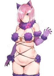 Rule 34 | 1girl, animal ears, bad id, bad pixiv id, bare shoulders, blush, bow, breasts, claws, cleavage, colored skin, commentary request, elbow gloves, fate/grand order, fate (series), fur-trimmed gloves, fur-trimmed legwear, fur collar, fur trim, gloves, hair over one eye, halloween costume, highres, ikuchan kaoru, large breasts, light purple hair, looking at viewer, mash kyrielight, mash kyrielight (dangerous beast), multicolored skin, navel, o-ring, o-ring top, official alternate costume, pink bow, purple eyes, purple gloves, purple legwear, revealing clothes, short hair, sideboob, simple background, solo, sweat, tail, underboob, white background, wolf ears, wolf tail