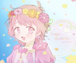 Rule 34 | 1boy, :d, blush, commentary request, crossdressing, earrings, flower, flower wreath, hair flower, hair ornament, happy birthday, head wreath, highres, jewelry, king of prism, looking at viewer, male focus, open mouth, orange flower, petals, pink eyes, pink flower, pink hair, pink wings, poro (pweedro), pretty rhythm, pretty series, saionji leo, short hair, smile, solo, trap, upper body, wings, yellow flower