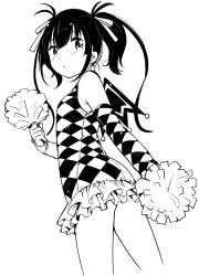 Rule 34 | 1girl, :o, cowboy shot, dress, dutch angle, greyscale, layered dress, long hair, miniskirt, monochrome, original, parted lips, pom pom (cheerleading), pom pom (clothes), simple background, skirt, solo, standing, twintails, white background, wings, yukiu con