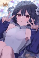 Rule 34 | 1girl, :o, absurdres, armpits, beach, black hair, blanket, blue jacket, blush, breasts, commentary, crab, day, double v, hair between eyes, hair ornament, hair scrunchie, hands up, highres, idolmaster, idolmaster shiny colors, jacket, long sleeves, looking at another, lying, momomoi momoi, morino rinze, on floor, one-piece swimsuit, open clothes, open jacket, outdoors, red eyes, scrunchie, shadow, short twintails, sleeves past wrists, small breasts, solo, swimsuit, track jacket, twintails, v, white one-piece swimsuit, white scrunchie
